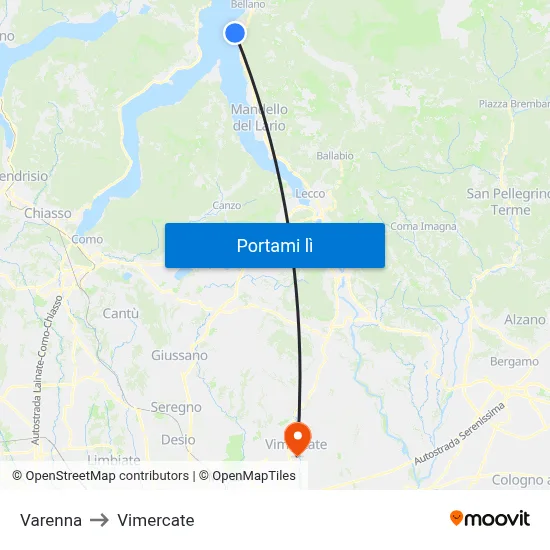Varenna to Vimercate map