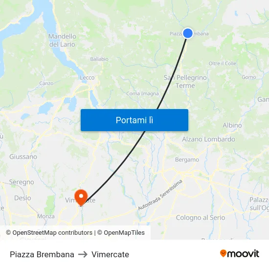 Piazza Brembana to Vimercate map