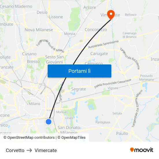 Corvetto to Vimercate map