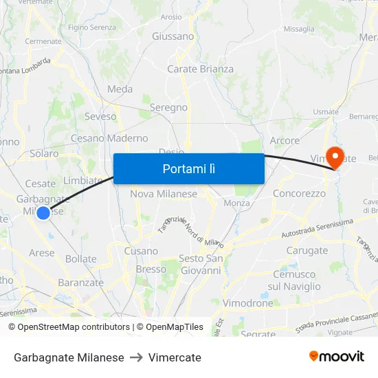 Garbagnate Milanese to Vimercate map
