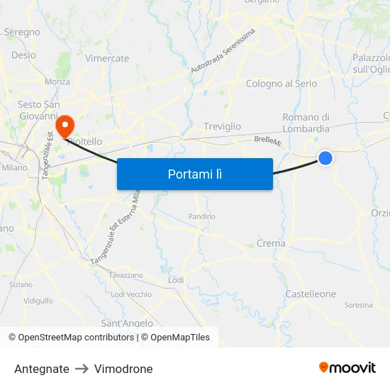 Antegnate to Vimodrone map