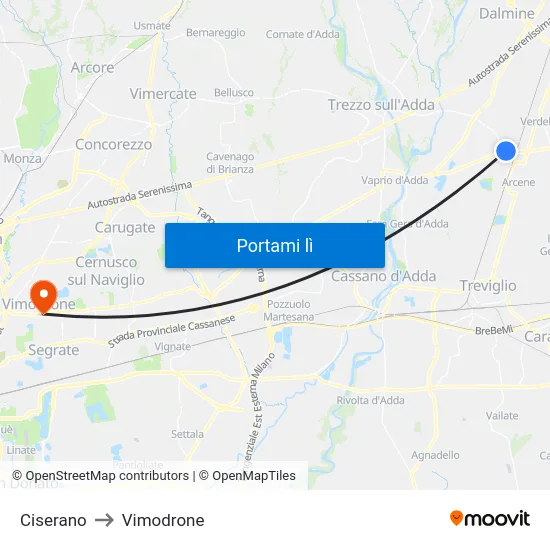 Ciserano to Vimodrone map