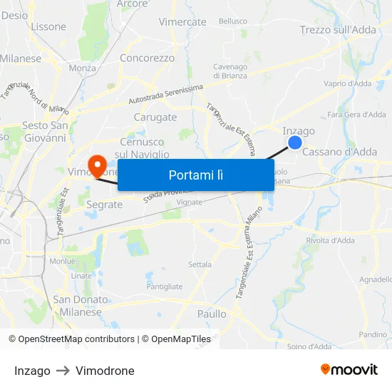 Inzago to Vimodrone map