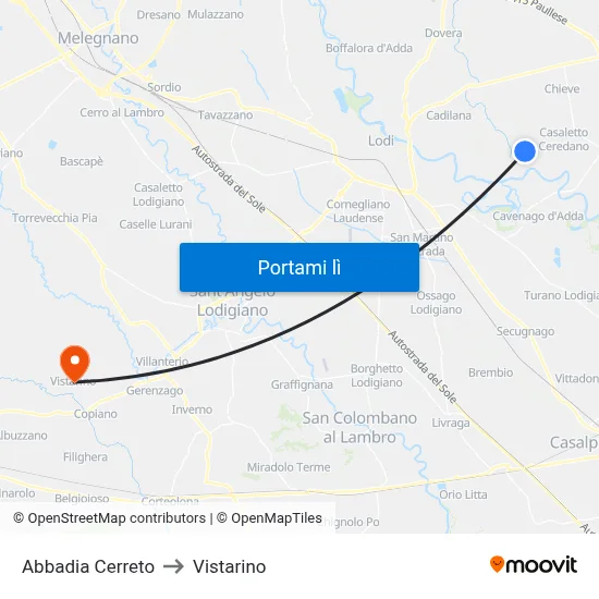 Abbadia Cerreto to Vistarino map