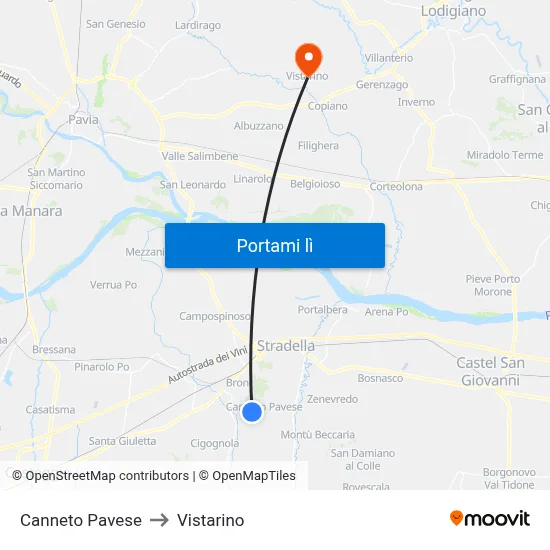 Canneto Pavese to Vistarino map