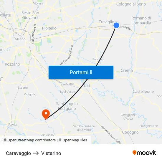 Caravaggio to Vistarino map