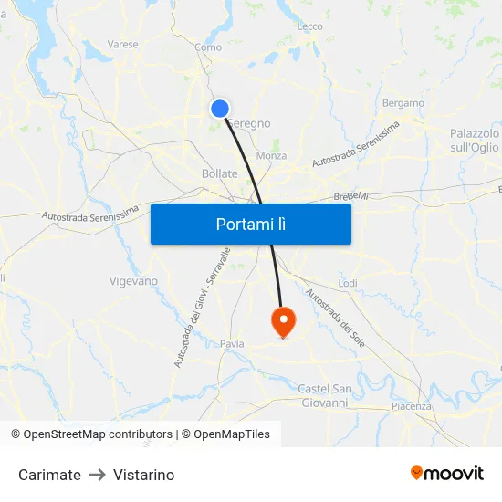 Carimate to Vistarino map