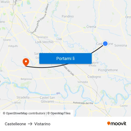 Castelleone to Vistarino map