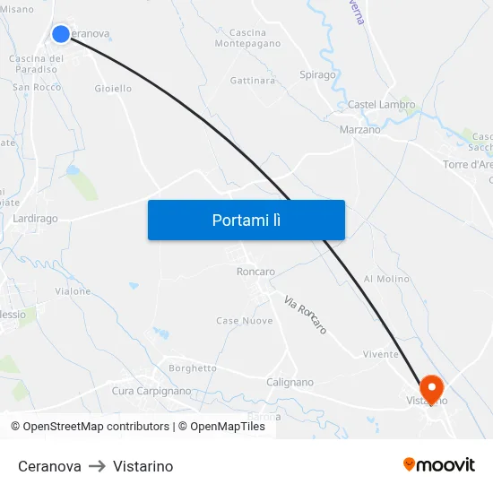 Ceranova to Vistarino map
