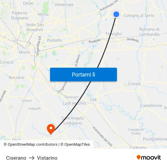 Ciserano to Vistarino map