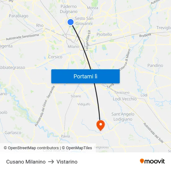 Cusano Milanino to Vistarino map
