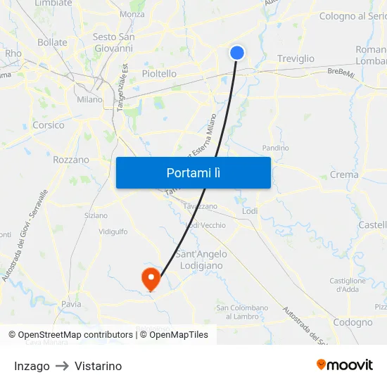 Inzago to Vistarino map