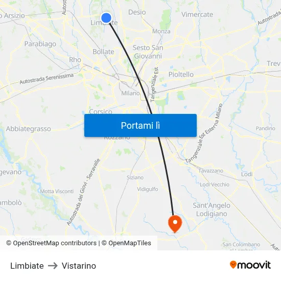 Limbiate to Vistarino map