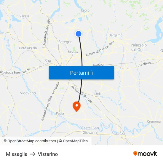 Missaglia to Vistarino map