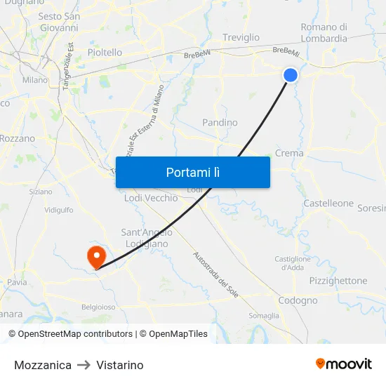 Mozzanica to Vistarino map