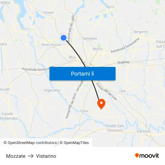 Mozzate to Vistarino map