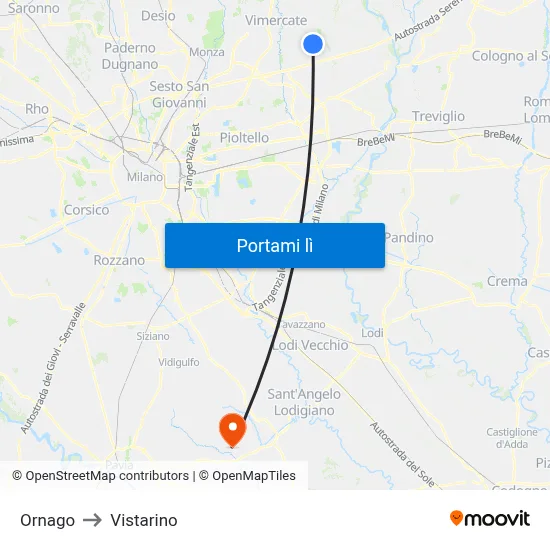 Ornago to Vistarino map