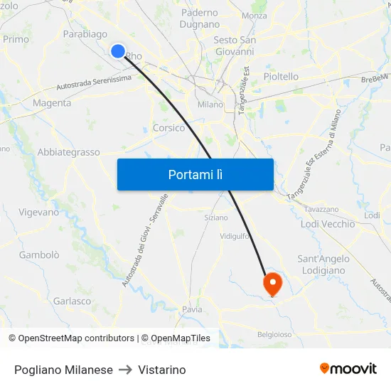 Pogliano Milanese to Vistarino map