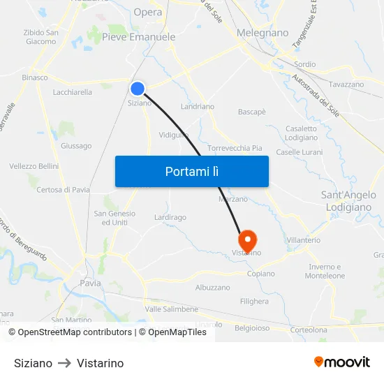 Siziano to Vistarino map