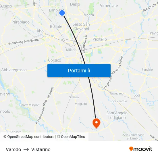 Varedo to Vistarino map
