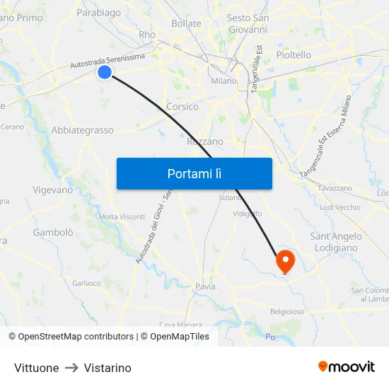 Vittuone to Vistarino map
