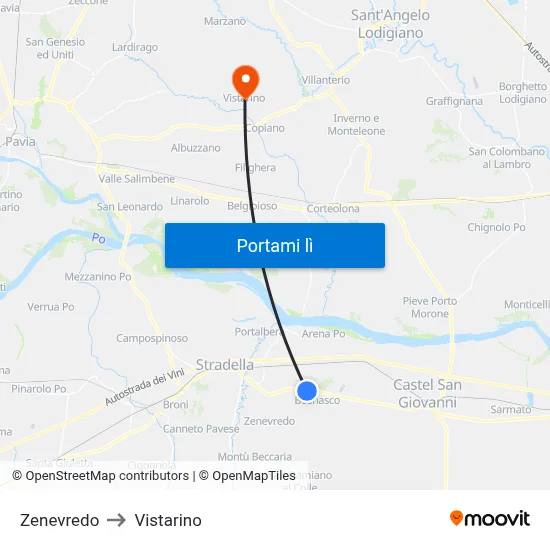 Zenevredo to Vistarino map