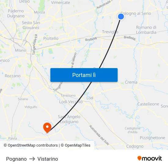 Pognano to Vistarino map
