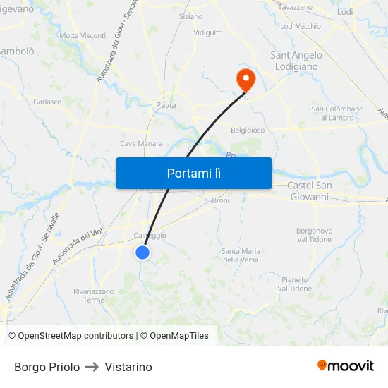 Borgo Priolo to Vistarino map
