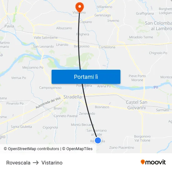 Rovescala to Vistarino map