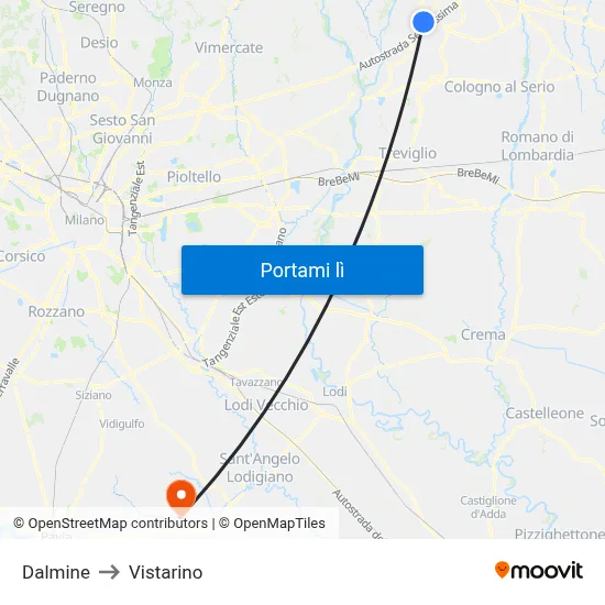 Dalmine to Vistarino map