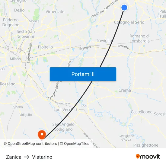Zanica to Vistarino map