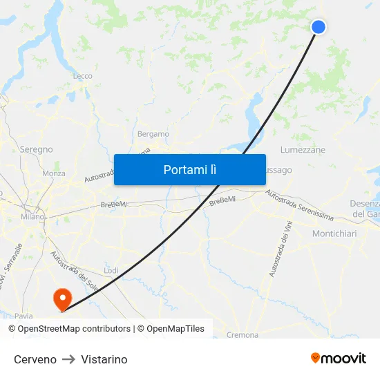 Cerveno to Vistarino map