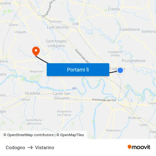 Codogno to Vistarino map