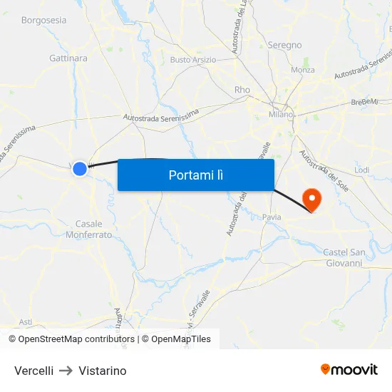 Vercelli to Vistarino map