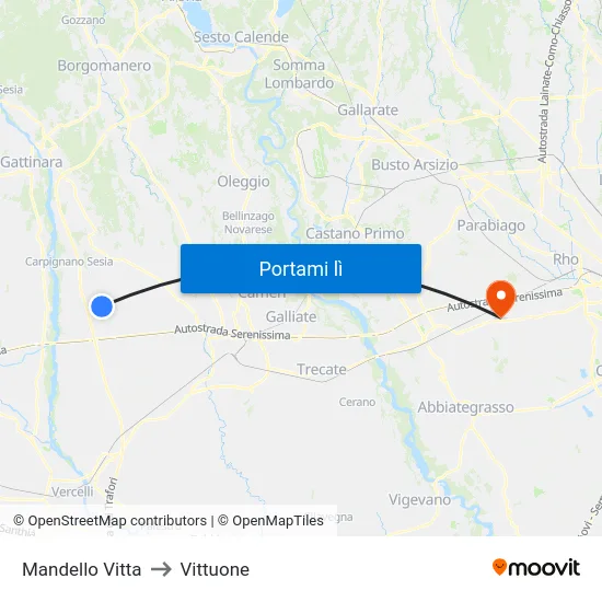 Mandello Vitta to Vittuone map