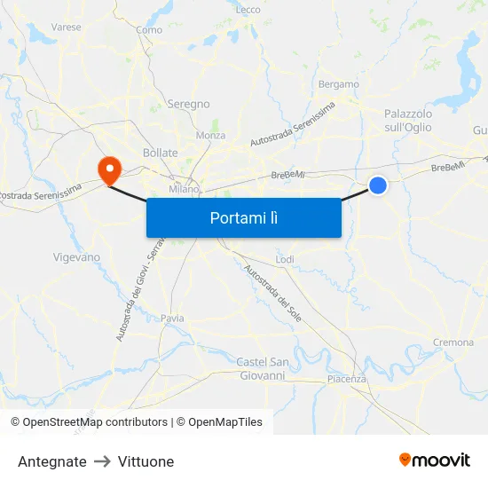 Antegnate to Vittuone map