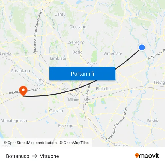 Bottanuco to Vittuone map