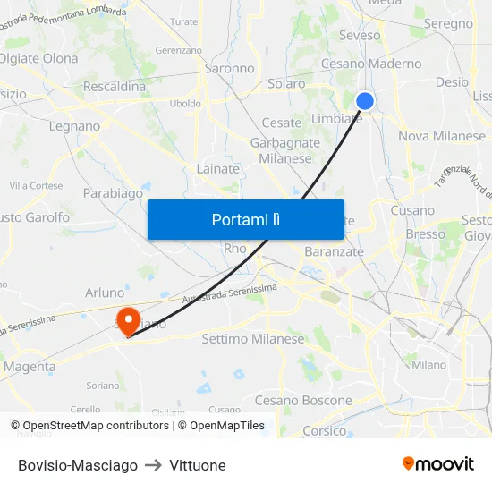 Bovisio-Masciago to Vittuone map