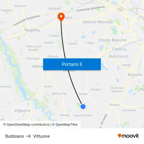 Bubbiano to Vittuone map
