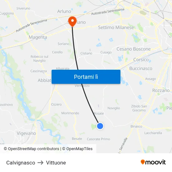 Calvignasco to Vittuone map