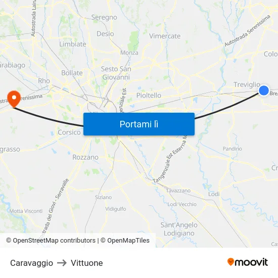 Caravaggio to Vittuone map