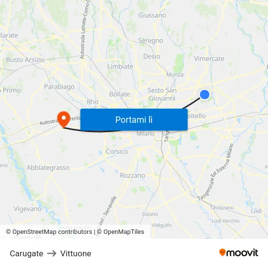 Carugate to Vittuone map