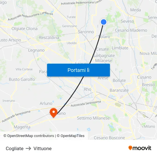 Cogliate to Vittuone map