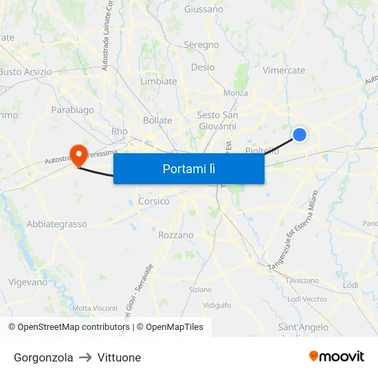 Gorgonzola to Vittuone map