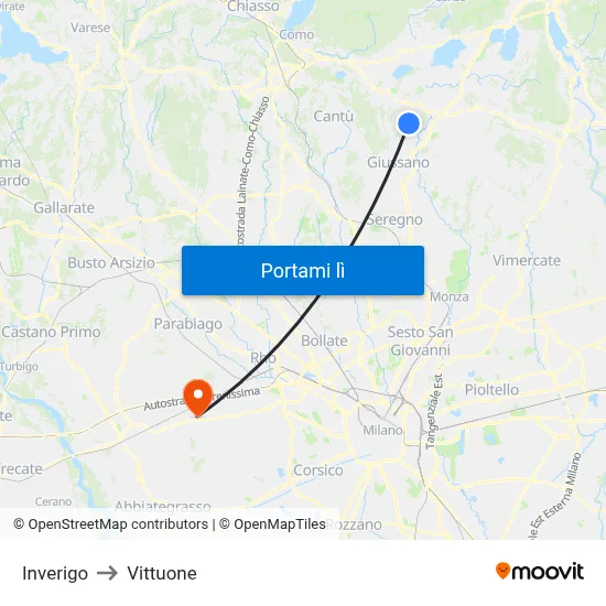 Inverigo to Vittuone map