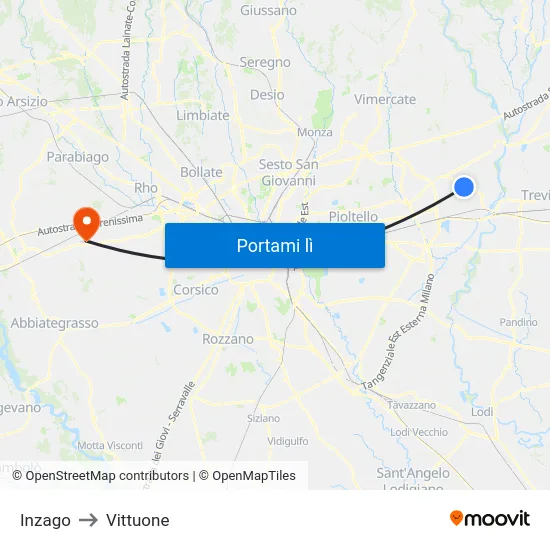 Inzago to Vittuone map