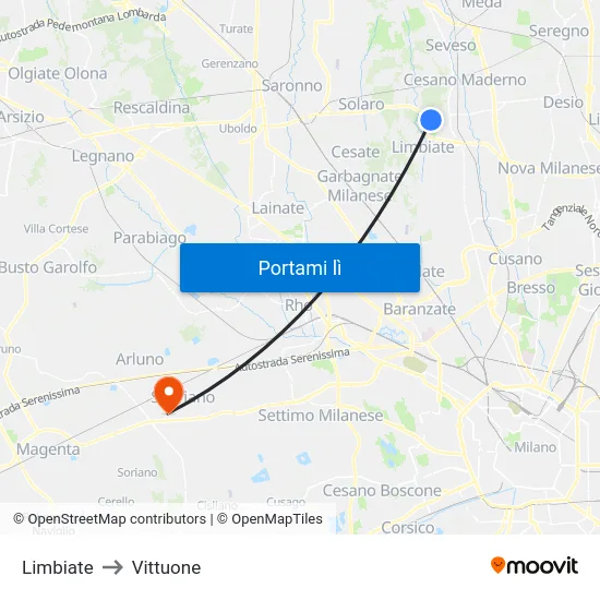 Limbiate to Vittuone map
