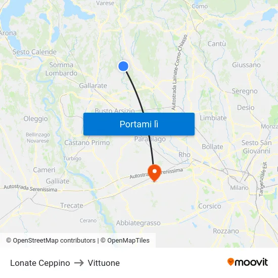 Lonate Ceppino to Vittuone map