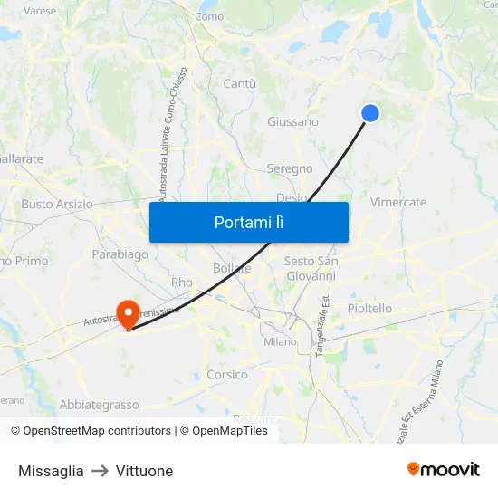 Missaglia to Vittuone map