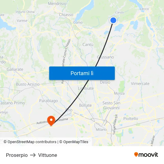 Proserpio to Vittuone map